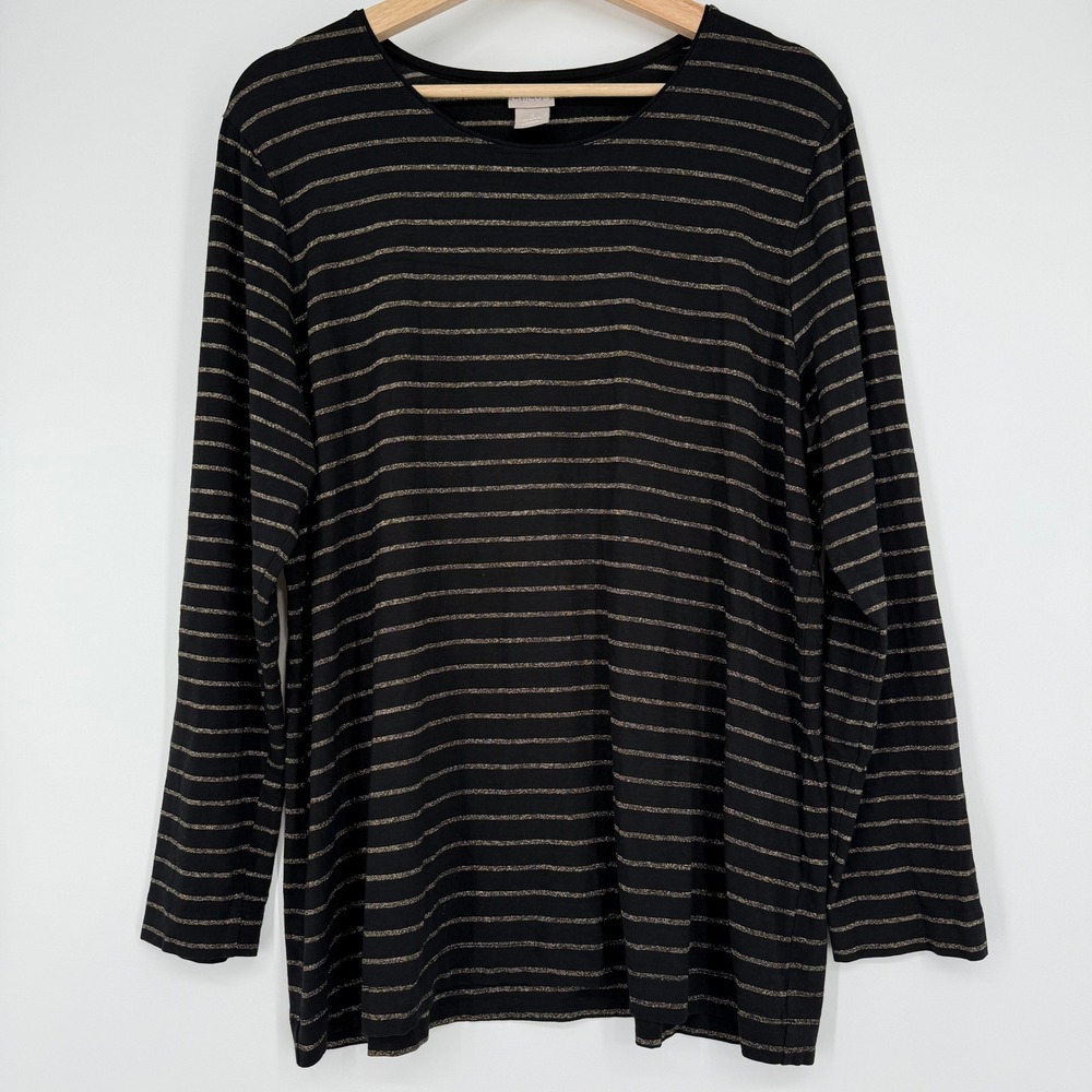 Chico's Long‎ Sleeve Tee Women XL Black Gold Excellent Metallic Striped Knit Top